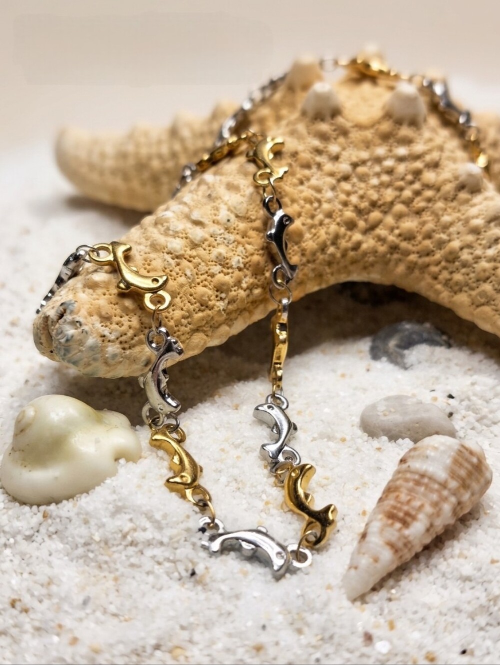 Two Tone Gold & Silver Dolphin Link Necklace 316L Stainless Steel 18" Coastal